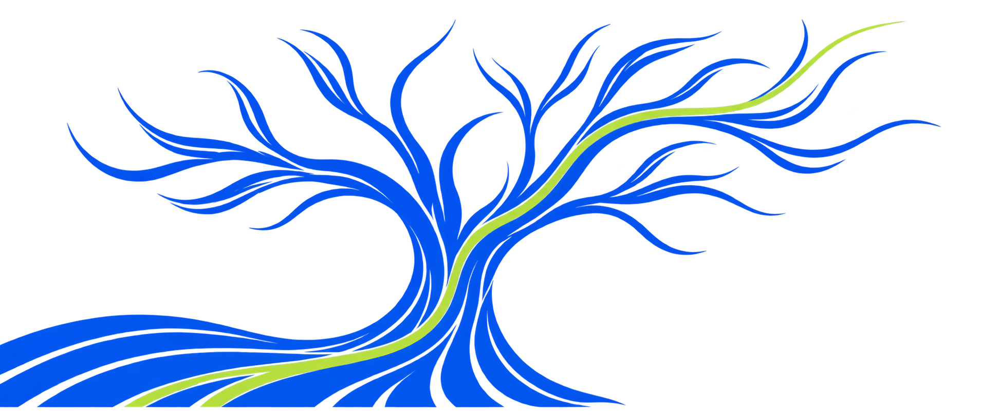 Abstracte boom van vloeiende blauwe lijnen met een limoengroene lijn die omhoog groeit